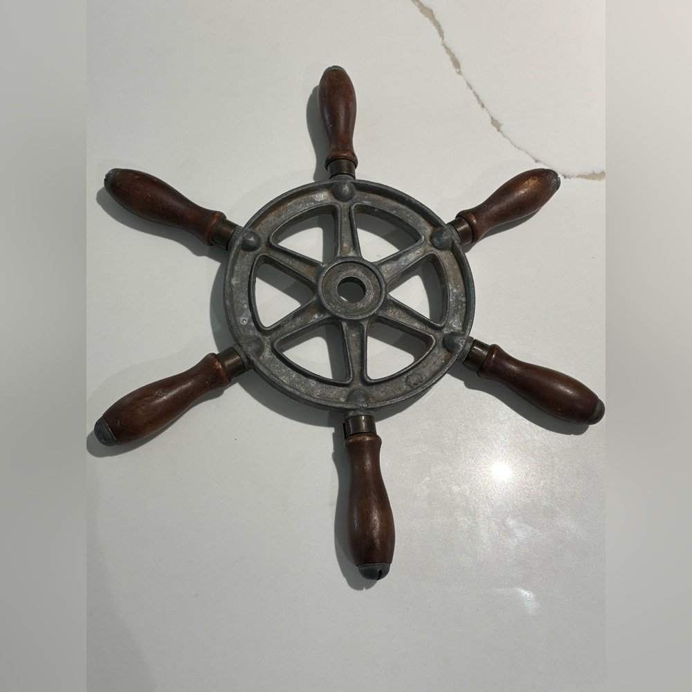 Antique Galvanized 11" Perko #2 Ship wheel mahogany handles, Nautical gifts